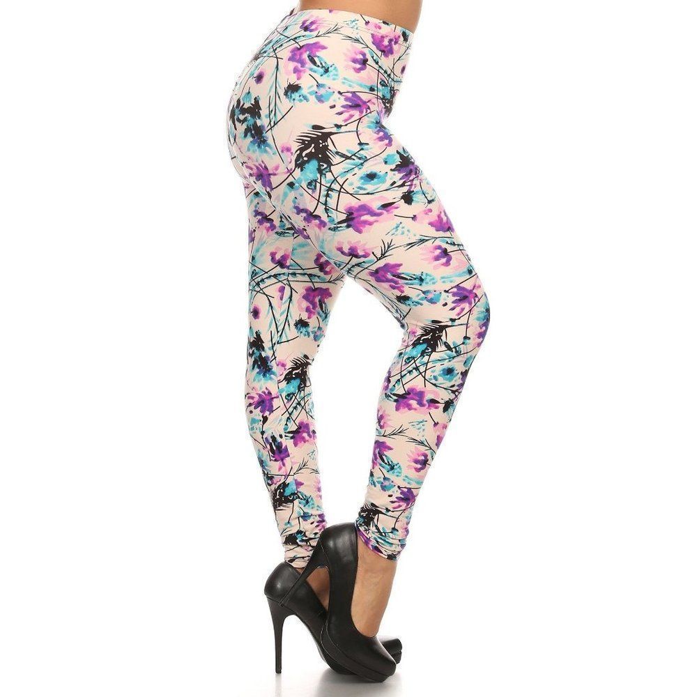 (Plus) Curvy Pink Purple Teal Floral Pattern Print Leggings
